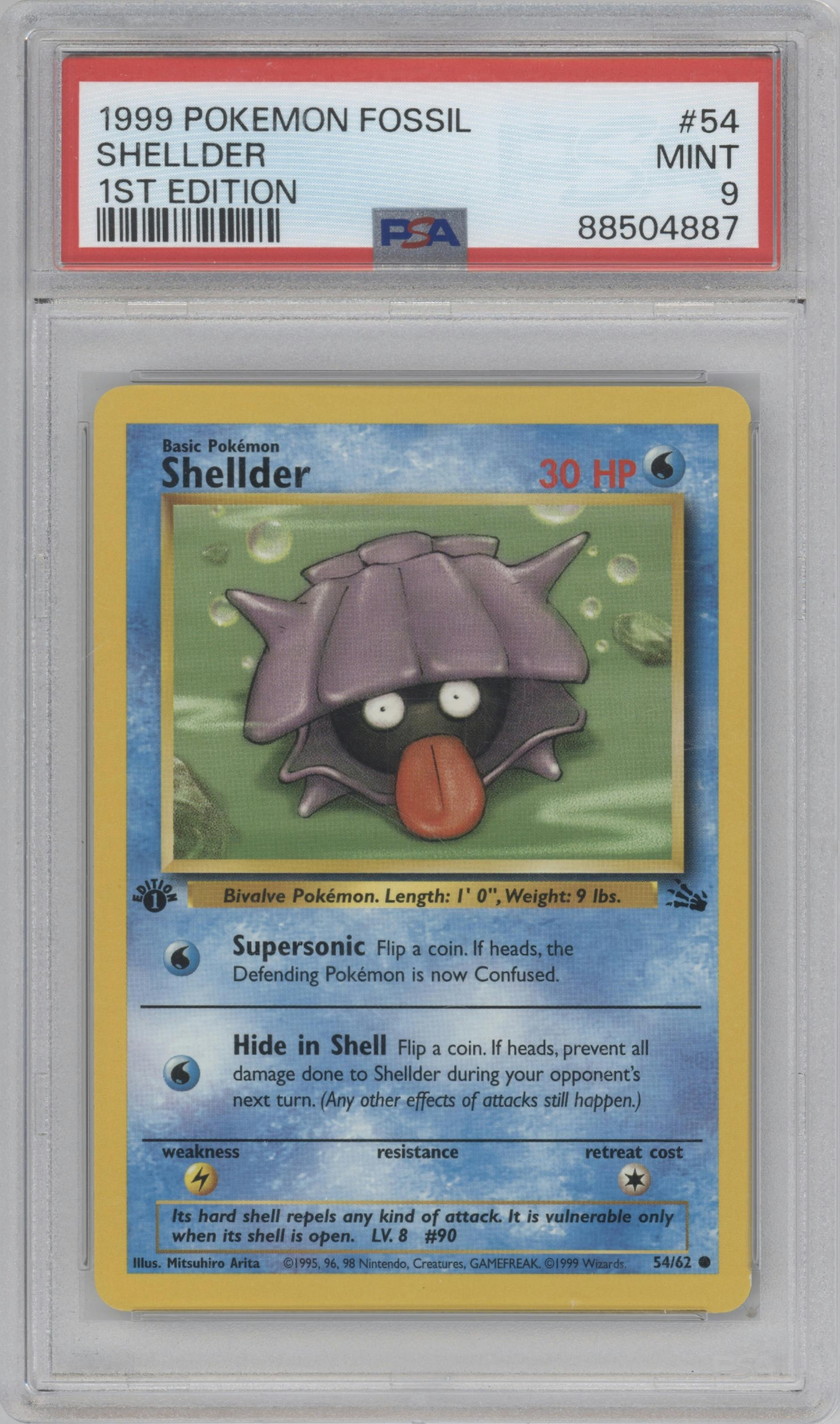 Shellder from the 1999 Pokemon set graded by PSA and given an overall grade of 9.