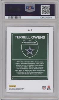 Terrell Owens from the 2024 Donruss set graded by PSA and given an overall grade of 10.