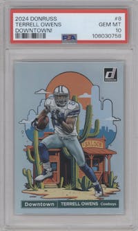 Terrell Owens from the 2024 Donruss set graded by PSA and given an overall grade of 10.