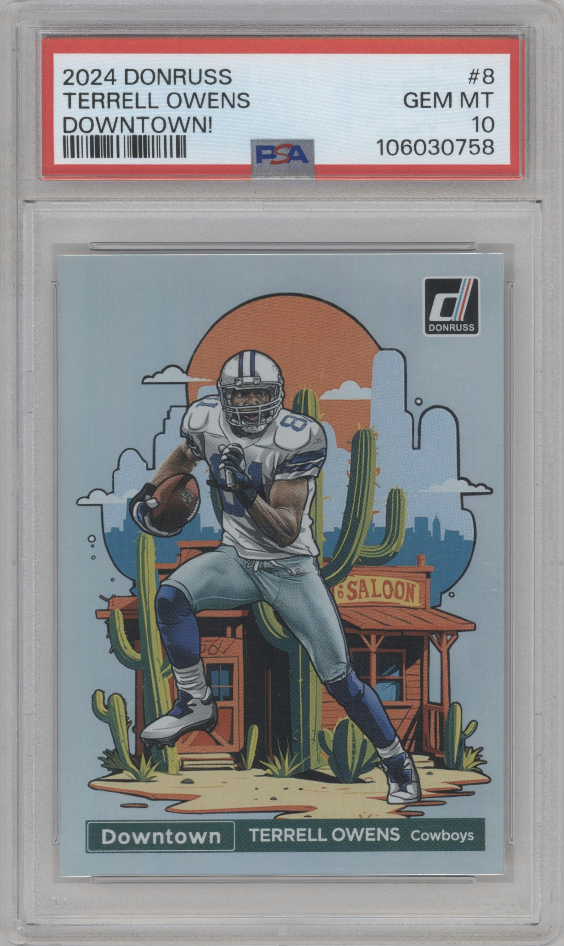 Terrell Owens from the 2024 Donruss set graded by PSA and given an overall grade of 10.