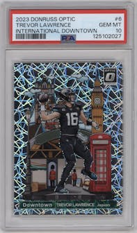 Trevor Lawrence from the 2023 Donruss Optic set graded by PSA and given an overall grade of 10.