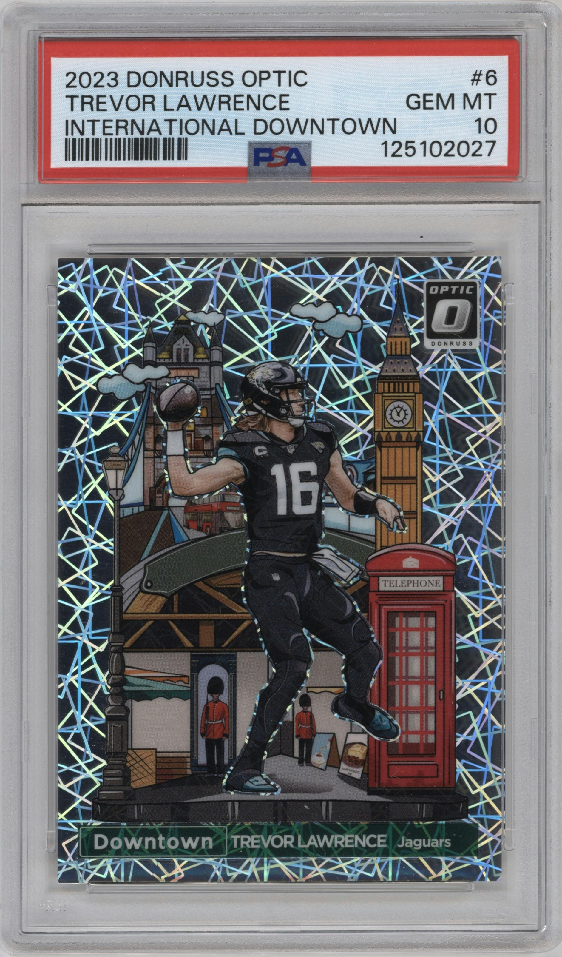 Trevor Lawrence from the 2023 Donruss Optic set graded by PSA and given an overall grade of 10.