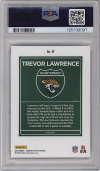 Trevor Lawrence from the 2023 Donruss Optic set graded by PSA and given an overall grade of 10.
