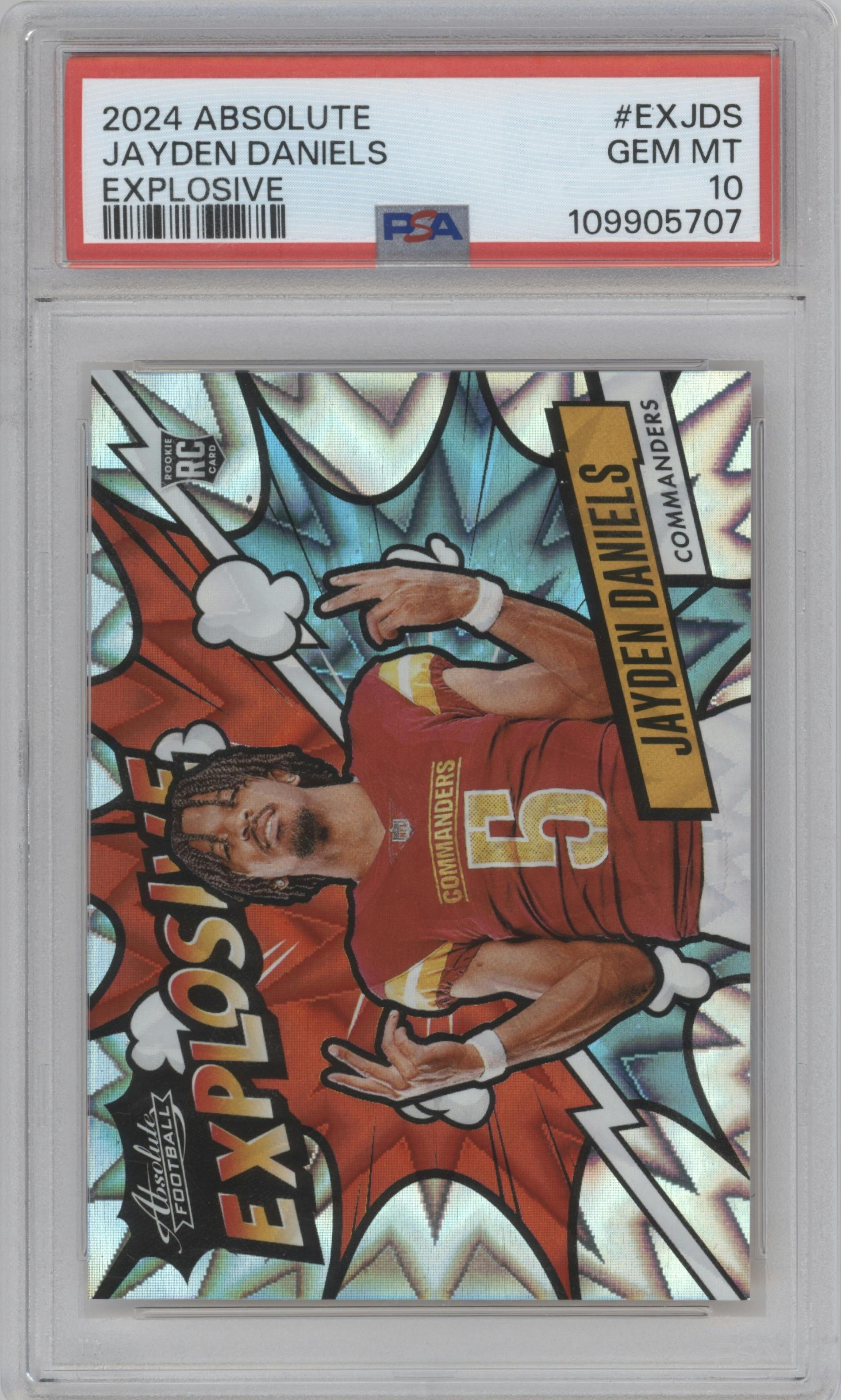 Jayden Daniels from the 2024 Panini Absolute set graded by PSA and given an overall grade of 10.