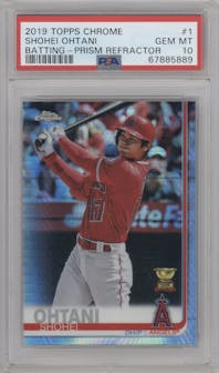 Shohei Ohtani from the 2019 Topps Chrome set featuring a Prism Refractor  parallel graded by PSA and given an overall grade of 10.