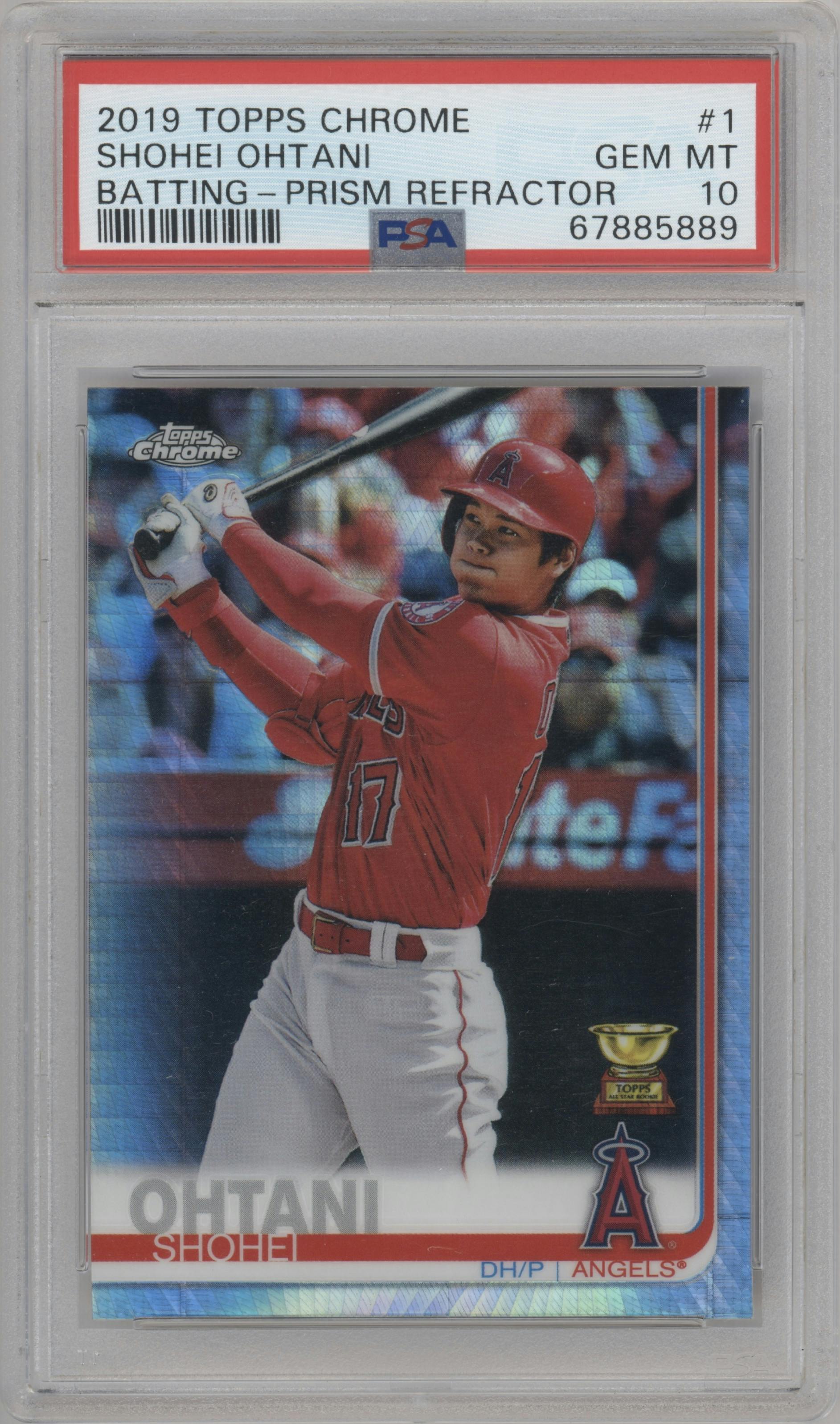 Shohei Ohtani from the 2019 Topps Chrome set featuring a Prism Refractor  parallel graded by PSA and given an overall grade of 10.