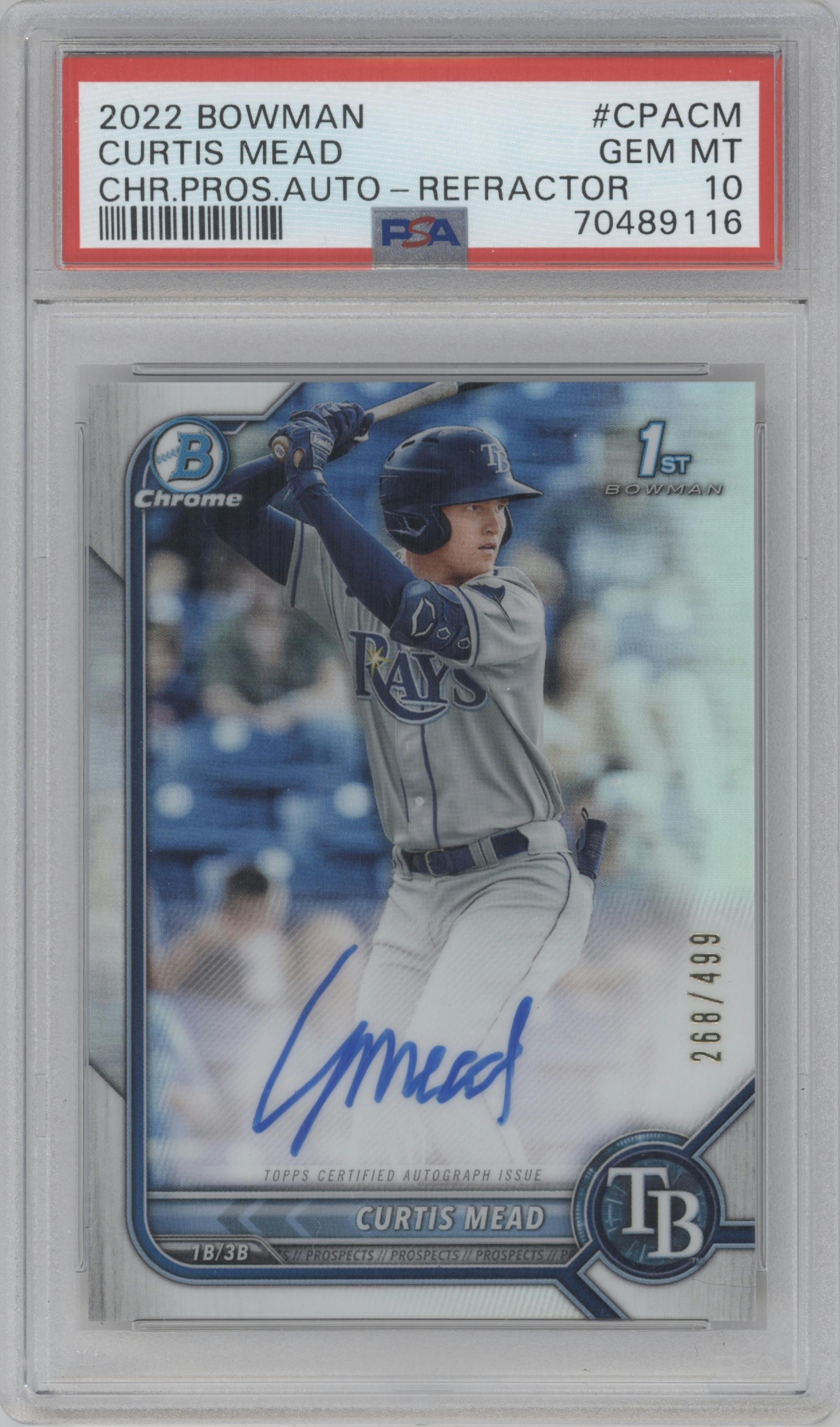 Curtis Mead from the 2022 Bowman set featuring a Refractor  parallel graded by PSA and given an overall grade of 10.