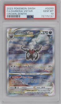 Darkrai VSTAR from the 2023 Pokemon SWSH set graded by PSA and given an overall grade of 10.