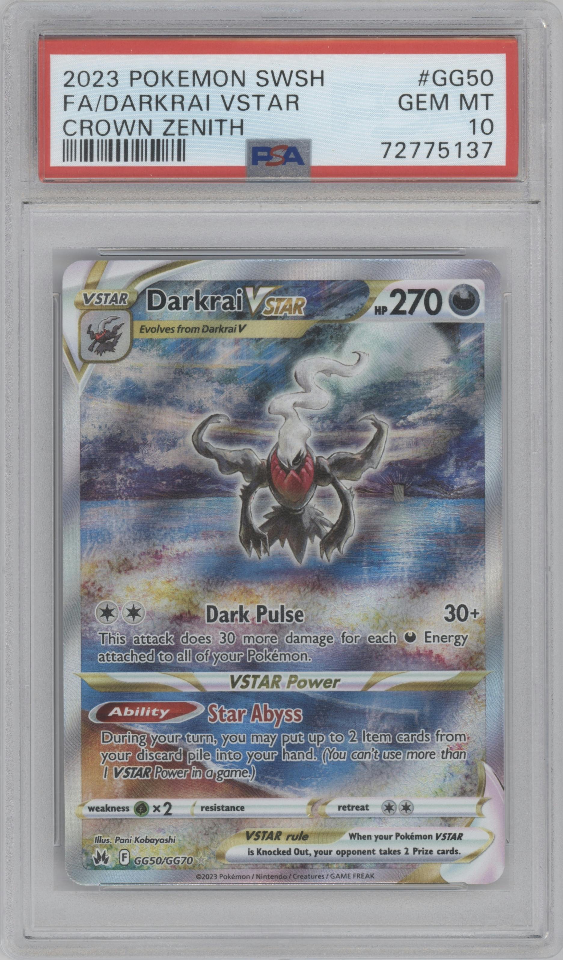 Darkrai VSTAR from the 2023 Pokemon SWSH set graded by PSA and given an overall grade of 10.