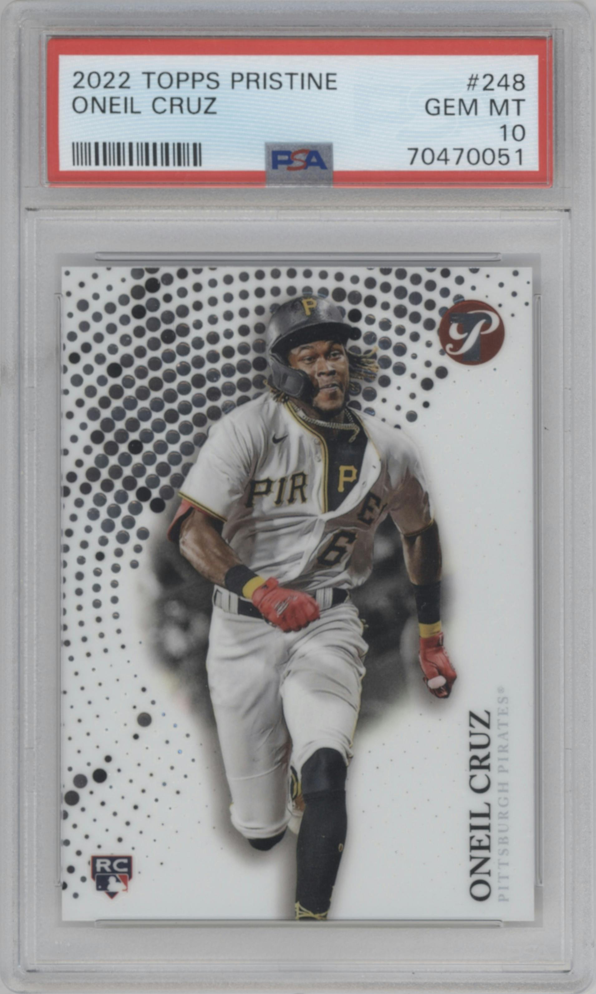 Oneil Cruz from the 2022 Topps Pristine set graded by PSA and given an overall grade of 10.