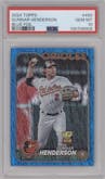 Gunnar Henderson from the 2024 Topps  set featuring a Blue Foil parallel graded by PSA and given an overall grade of 10.