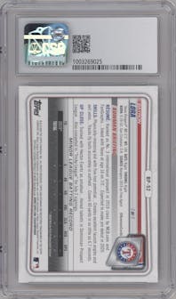 Bayron Lora from the 2020 Bowman set featuring a Camo parallel graded by CSG and given an overall grade of 8.5.