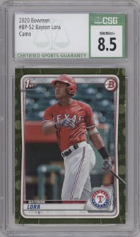 Bayron Lora from the 2020 Bowman set featuring a Camo parallel graded by CSG and given an overall grade of 8.5.
