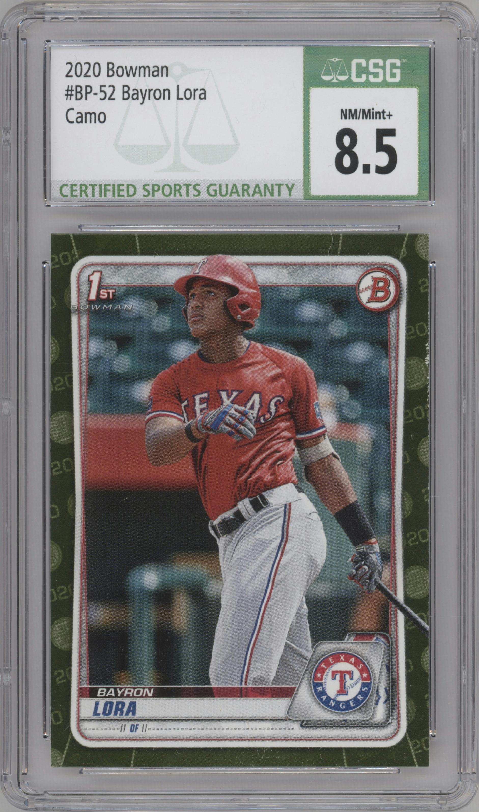 Bayron Lora from the 2020 Bowman set featuring a Camo parallel graded by CSG and given an overall grade of 8.5.