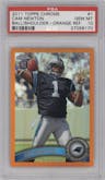 Cam Newton from the 2011 Topps Chrome set featuring a Orange Refractor parallel graded by PSA and given an overall grade of 10.