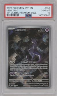 Mewtwo from the 2023 Pokemon SV set featuring a Ultra Premium Collection parallel graded by PSA and given an overall grade of 10.