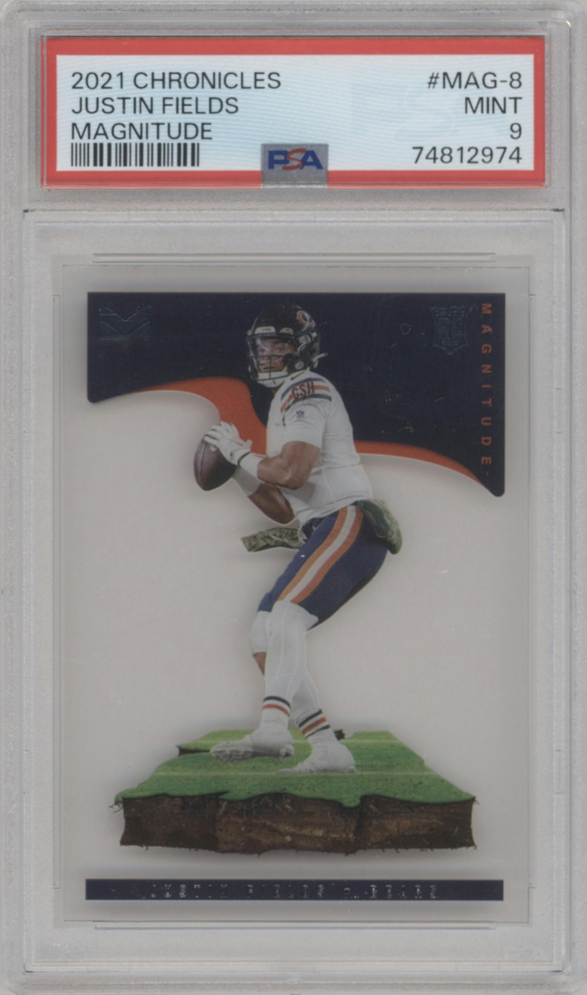 Justin Fields from the 2021 Panini Chronicles set graded by PSA and given an overall grade of 9.