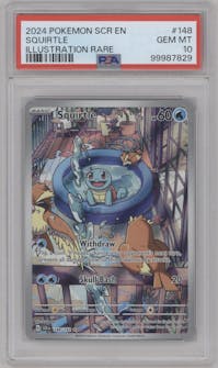 Squirtle from the 2024 Pokemon SV set graded by PSA and given an overall grade of 10.