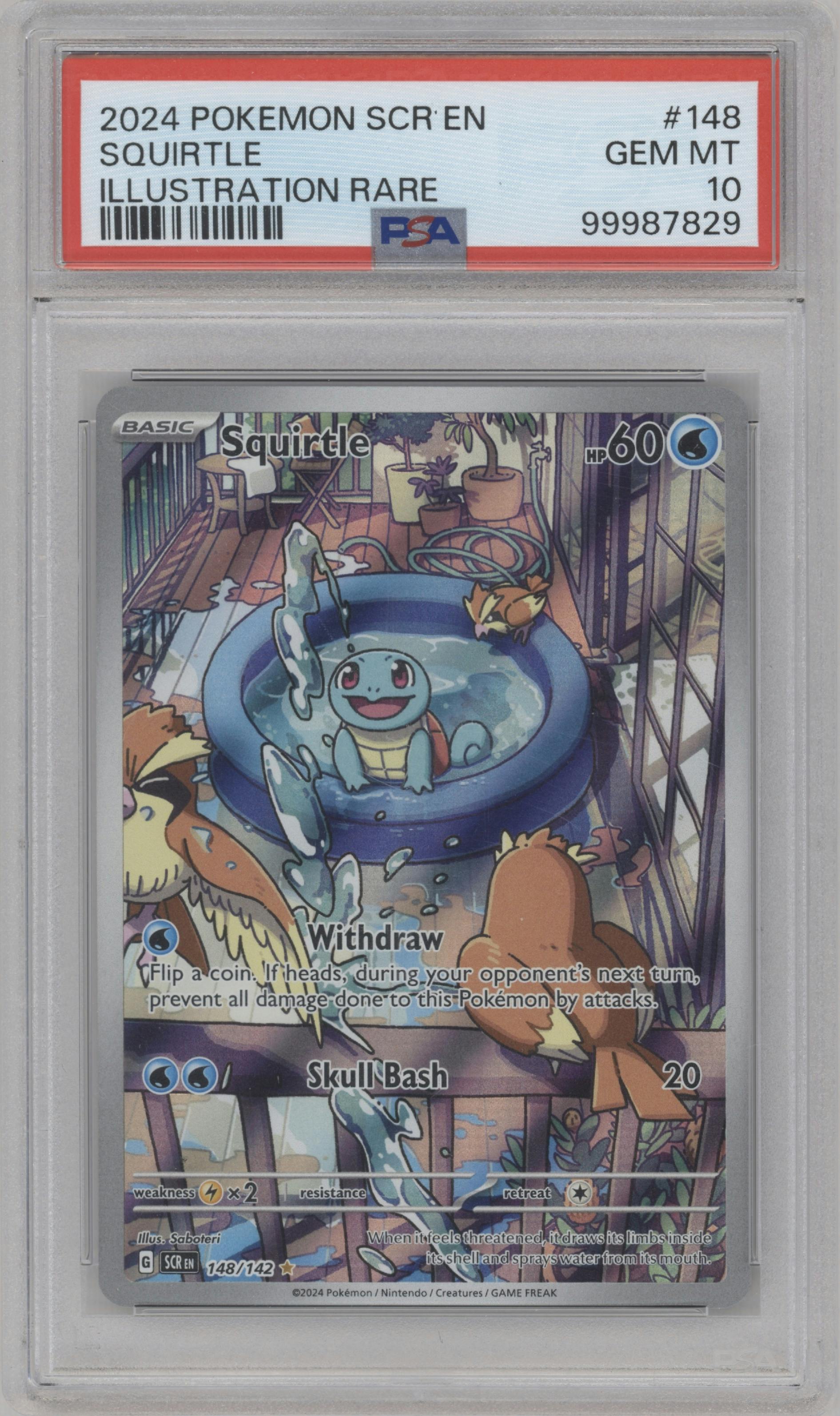 Squirtle from the 2024 Pokemon SV set graded by PSA and given an overall grade of 10.