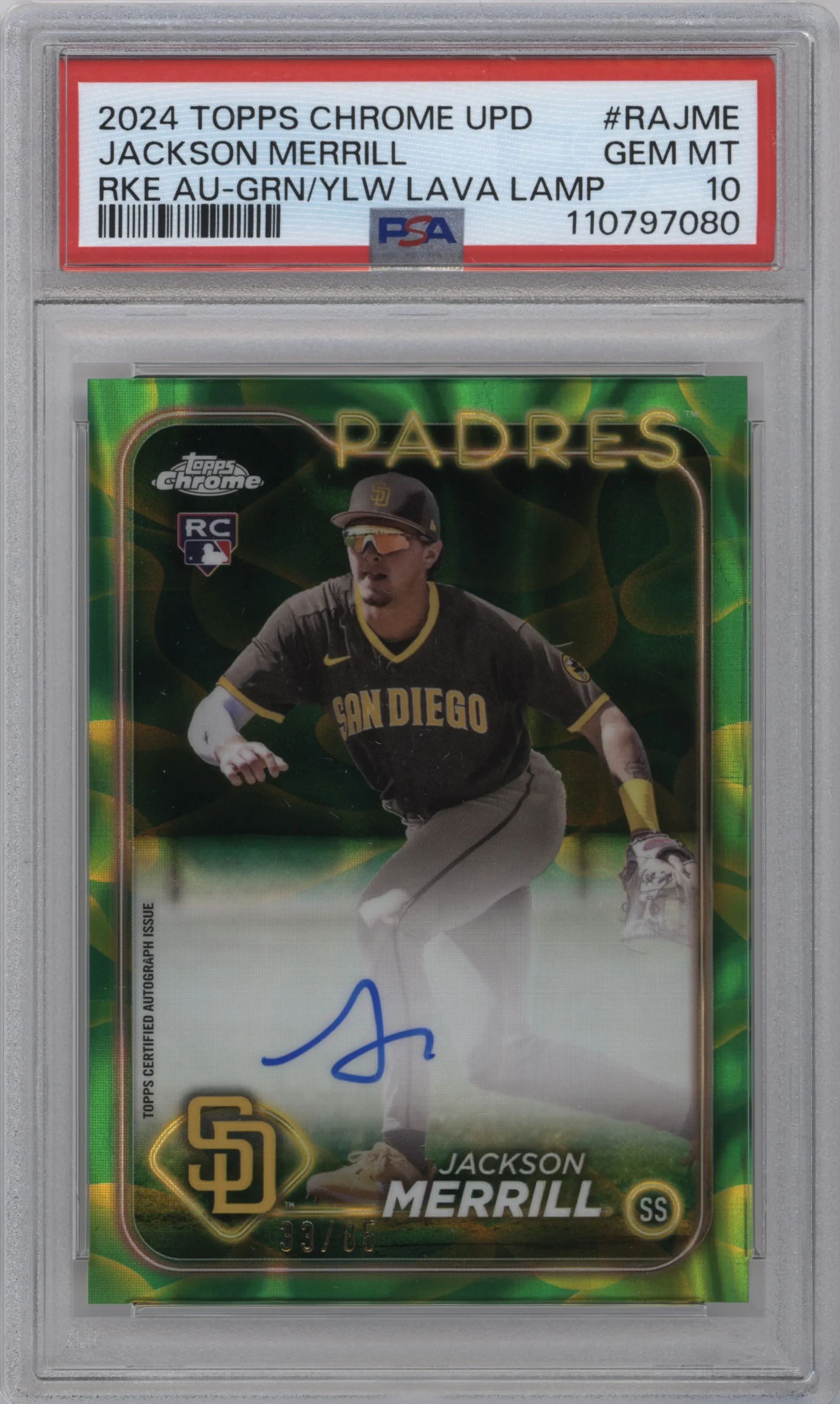 2024 Topps Chrome Update Rke.Au. Jackson Merrill Lava Lamp Green/Yellow Refractors #RA-JME PSA 10