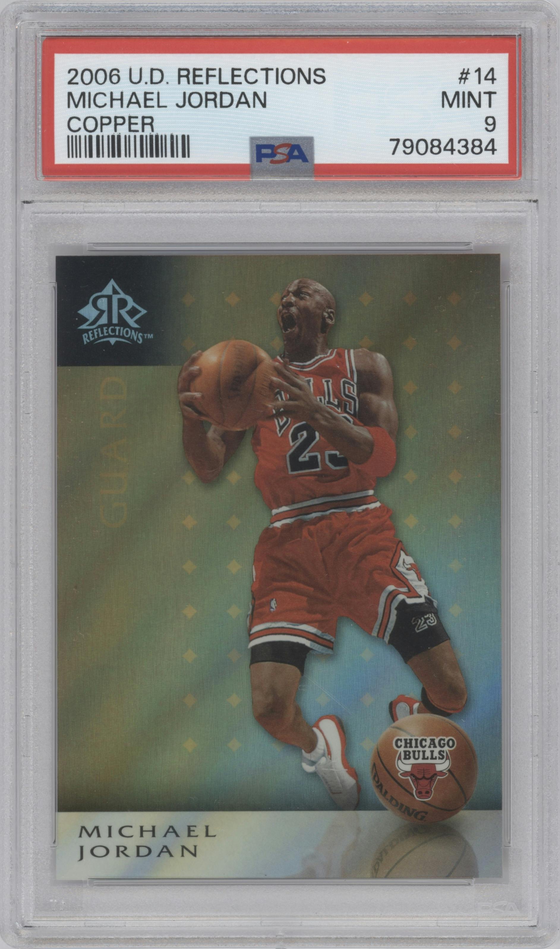Michael Jordan from the 2006-07 Upper Deck Reflections set featuring a Copper parallel graded by PSA and given an overall grade of 9.