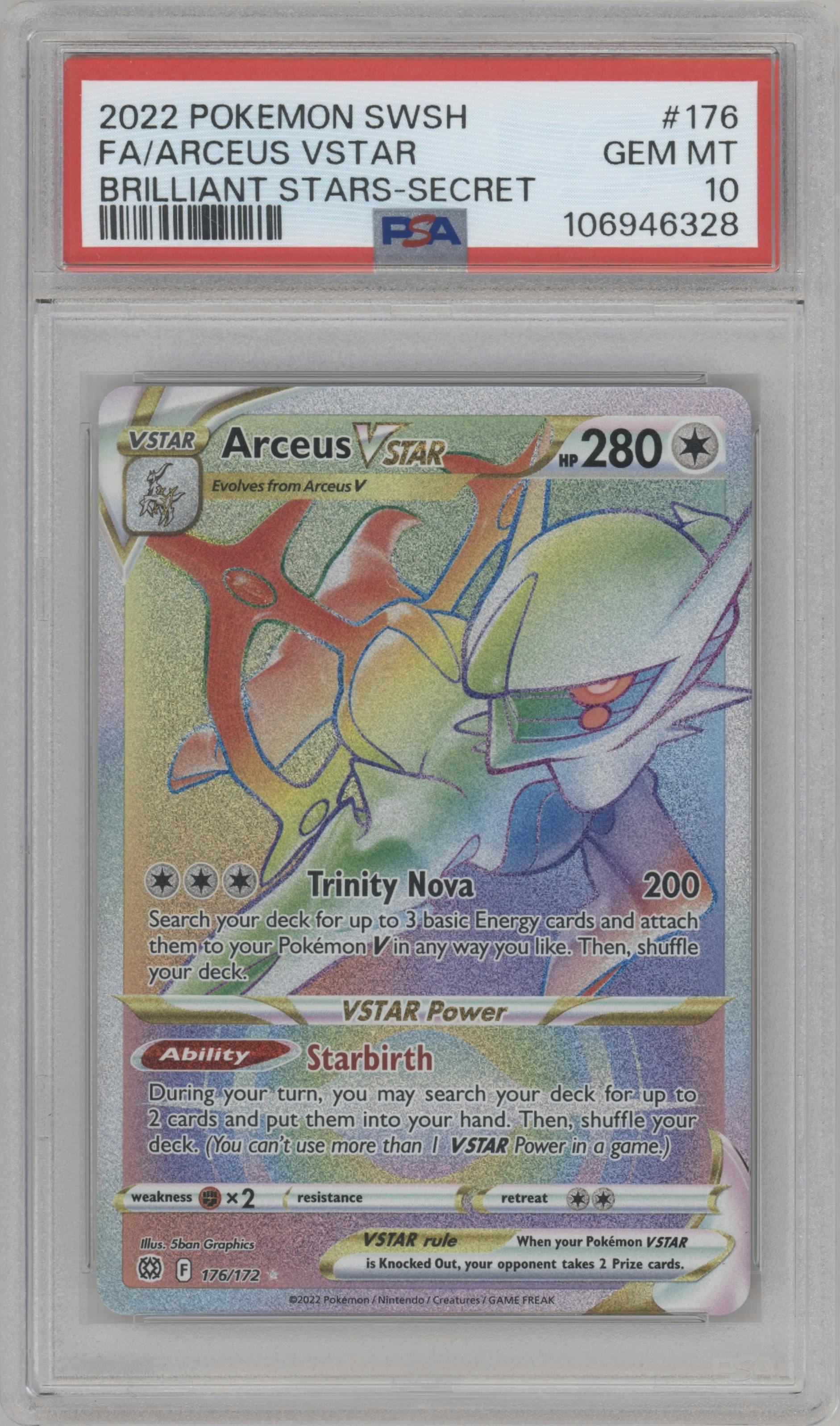 Arceus VSTAR from the 2022 Pokemon SWSH set graded by PSA and given an overall grade of 10.