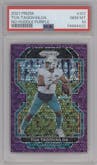 Tua Tagovailoa from the 2021 Panini Prizm set featuring a No Huddle Purple parallel graded by PSA and given an overall grade of 10.