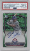 Wyatt Langford from the 2023 Bowman Draft Sapphire set featuring a Green parallel graded by PSA and given an overall grade of 10.