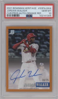 Jordan Walker from the 2021 Bowman Heritage set featuring a Orange Refractor parallel graded by PSA and given an overall grade of 10.