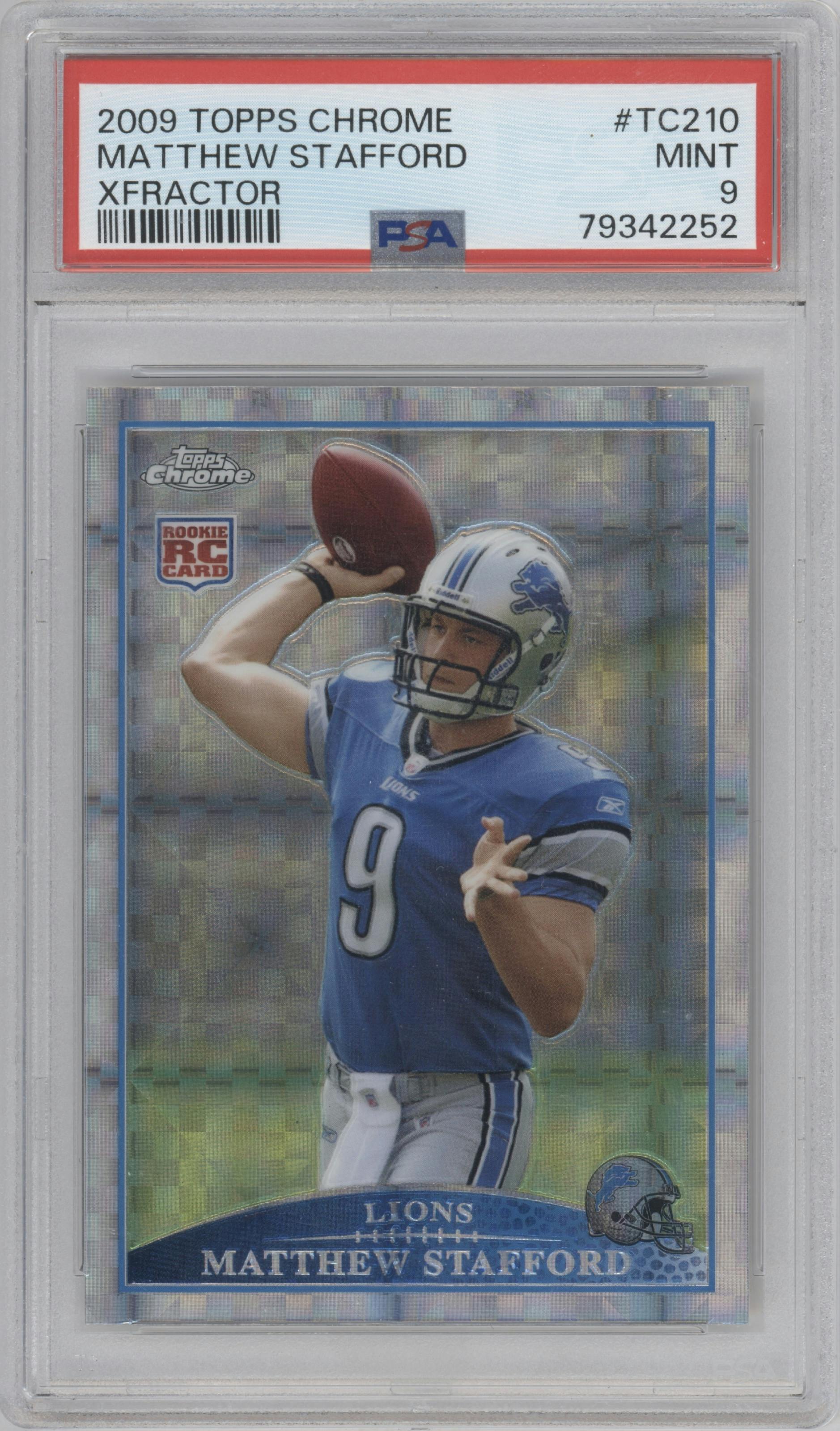 Matthew Stafford from the 2009 Topps Chrome set featuring a Xfractor parallel graded by PSA and given an overall grade of 9.