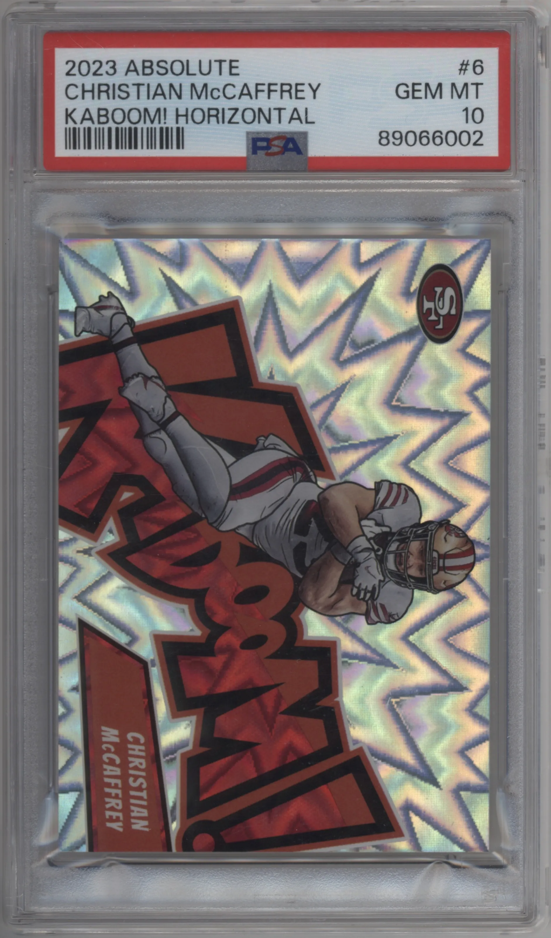 Christian McCaffrey from the 2023 Panini Absolute set graded by PSA and given an overall grade of 10.