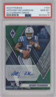 Anthony Richardson from the 2023 Panini Phoenix set featuring a Green parallel graded by PSA and given an overall grade of 10.