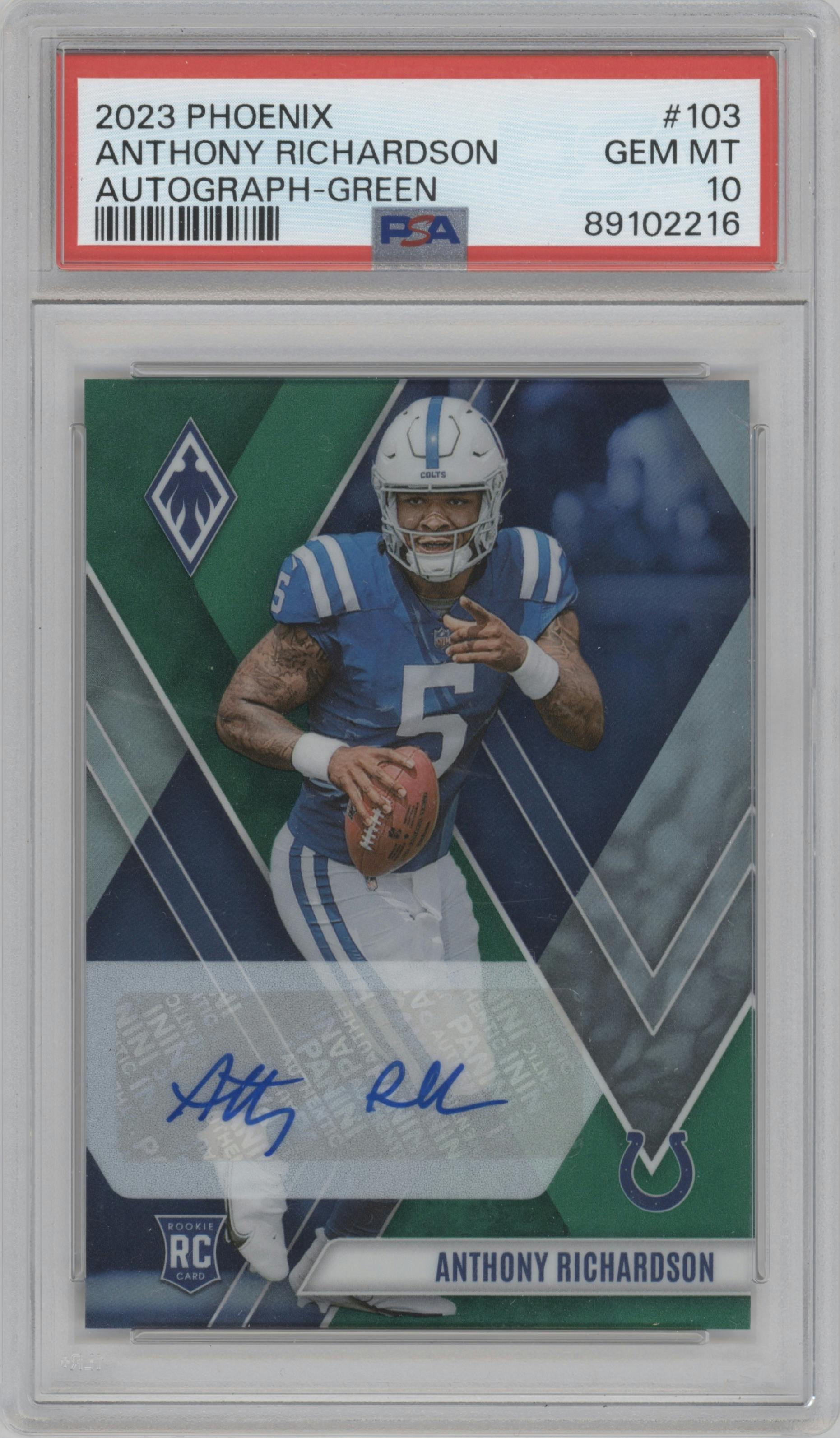Anthony Richardson from the 2023 Panini Phoenix set featuring a Green parallel graded by PSA and given an overall grade of 10.