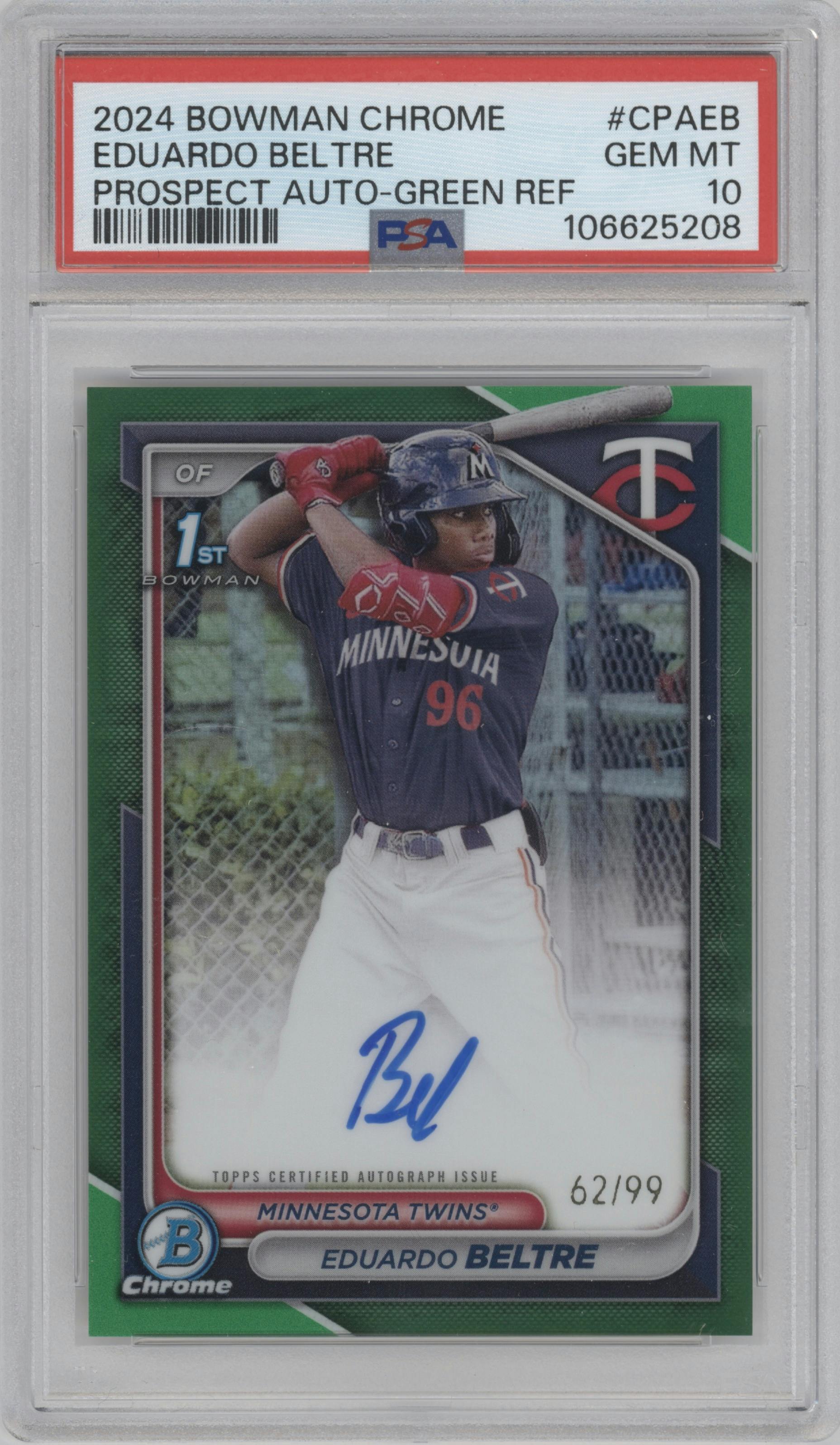 Eduardo Beltre from the 2024 Bowman Chrome set featuring a Green Refractor parallel graded by PSA and given an overall grade of 10.
