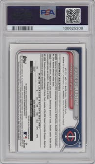 Eduardo Beltre from the 2024 Bowman Chrome set featuring a Green Refractor parallel graded by PSA and given an overall grade of 10.