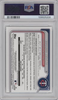 Eduardo Beltre from the 2024 Bowman Chrome set featuring a Green Refractor parallel graded by PSA and given an overall grade of 10.