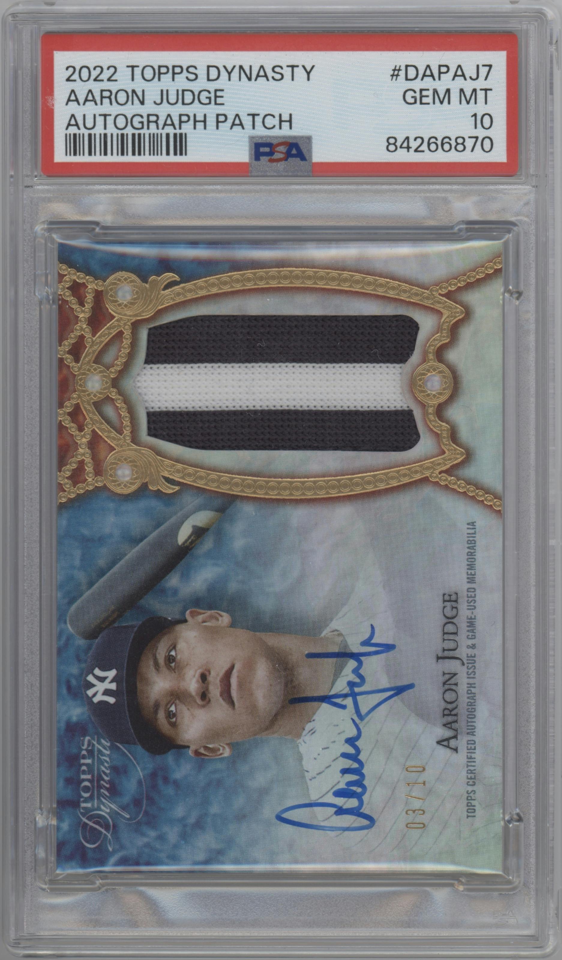 Aaron Judge from the 2022 Topps Dynasty set graded by PSA and given an overall grade of 10.