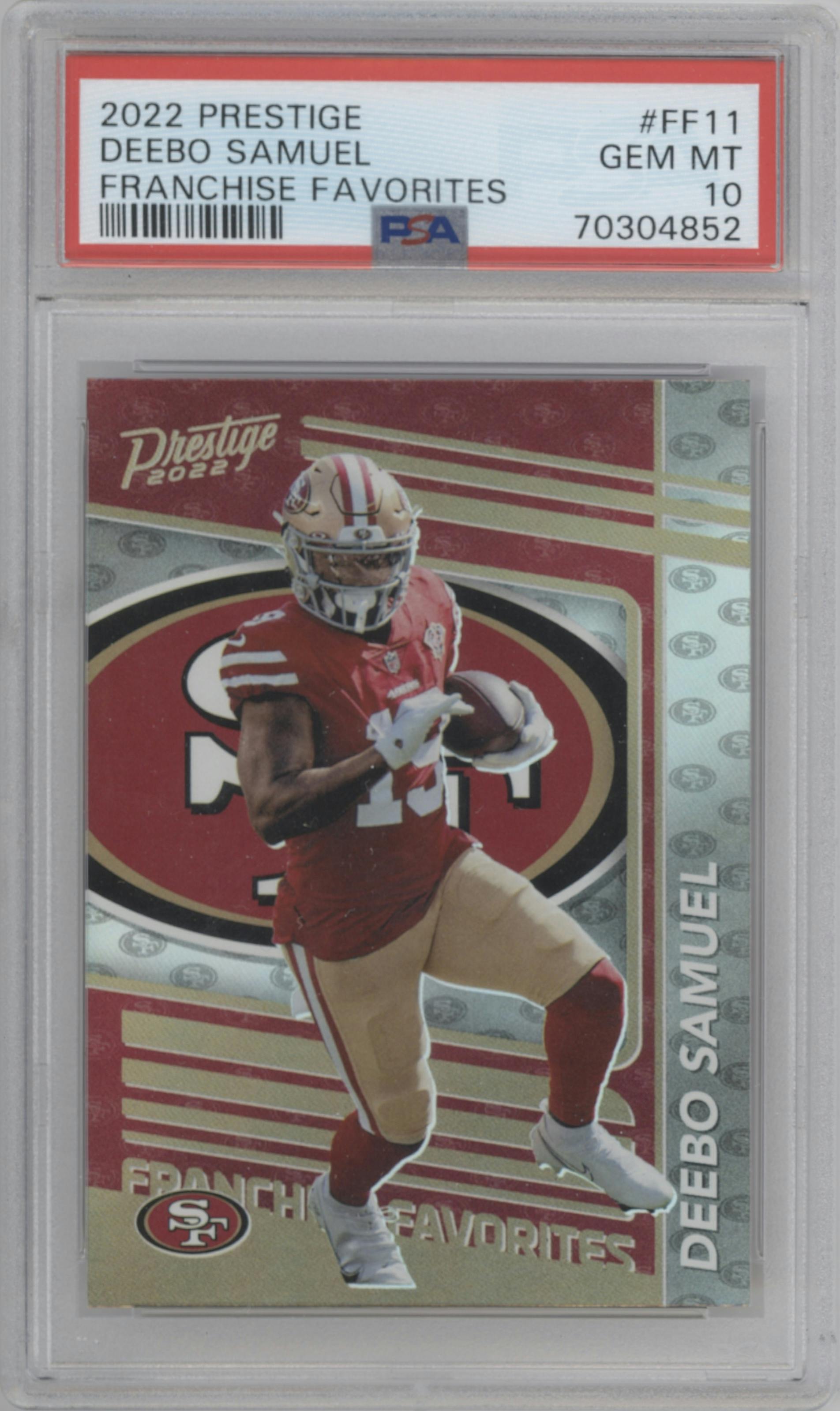 Deebo Samuel from the 2022 Panini Prestige set graded by PSA and given an overall grade of 10.