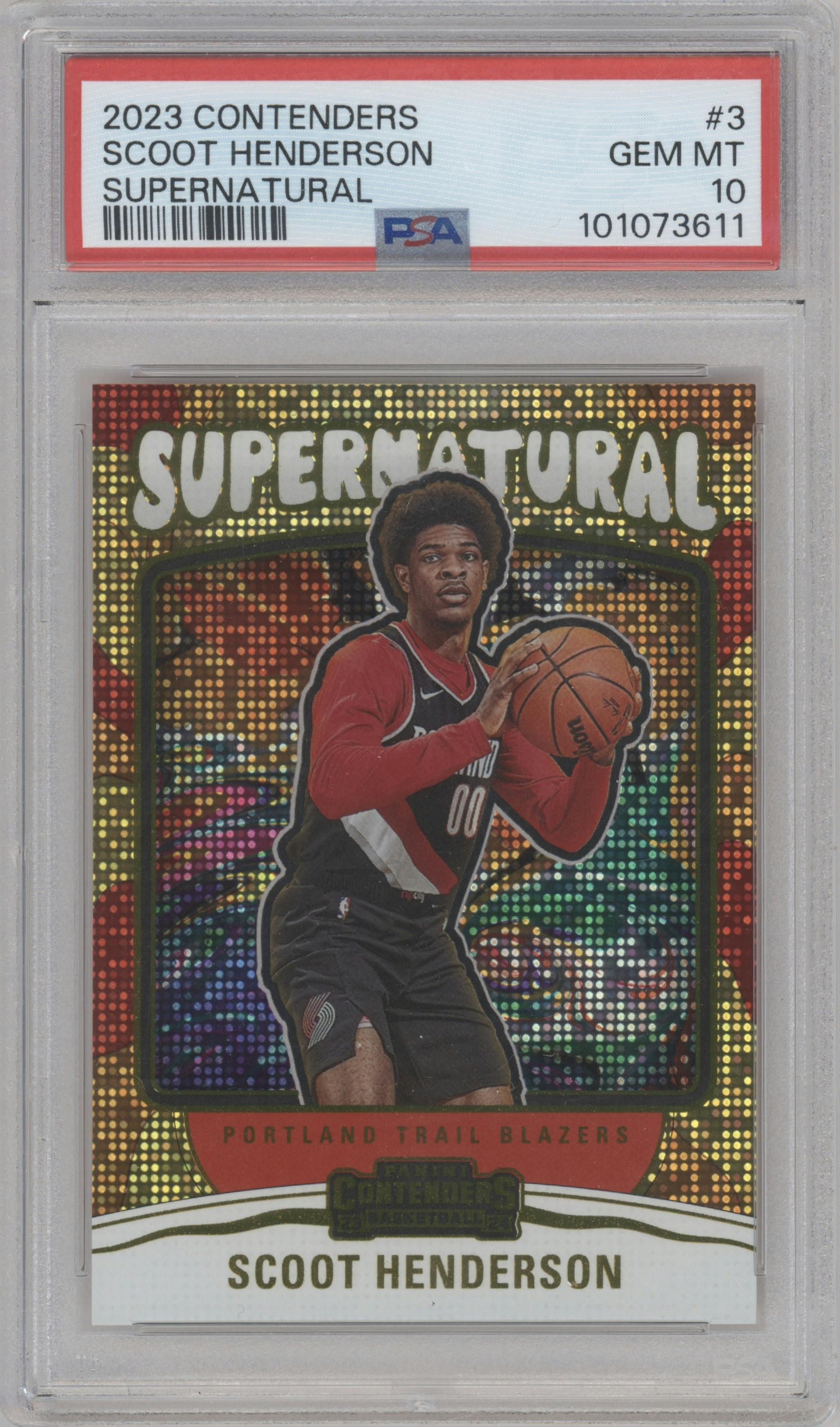 Scoot Henderson from the 2023-24 Panini Contenders set graded by PSA and given an overall grade of 10.