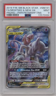 Mewtwo & Mew GX from the 2019 Pokemon S&M  set featuring a Power Partnership Tins parallel graded by PSA and given an overall grade of 9.