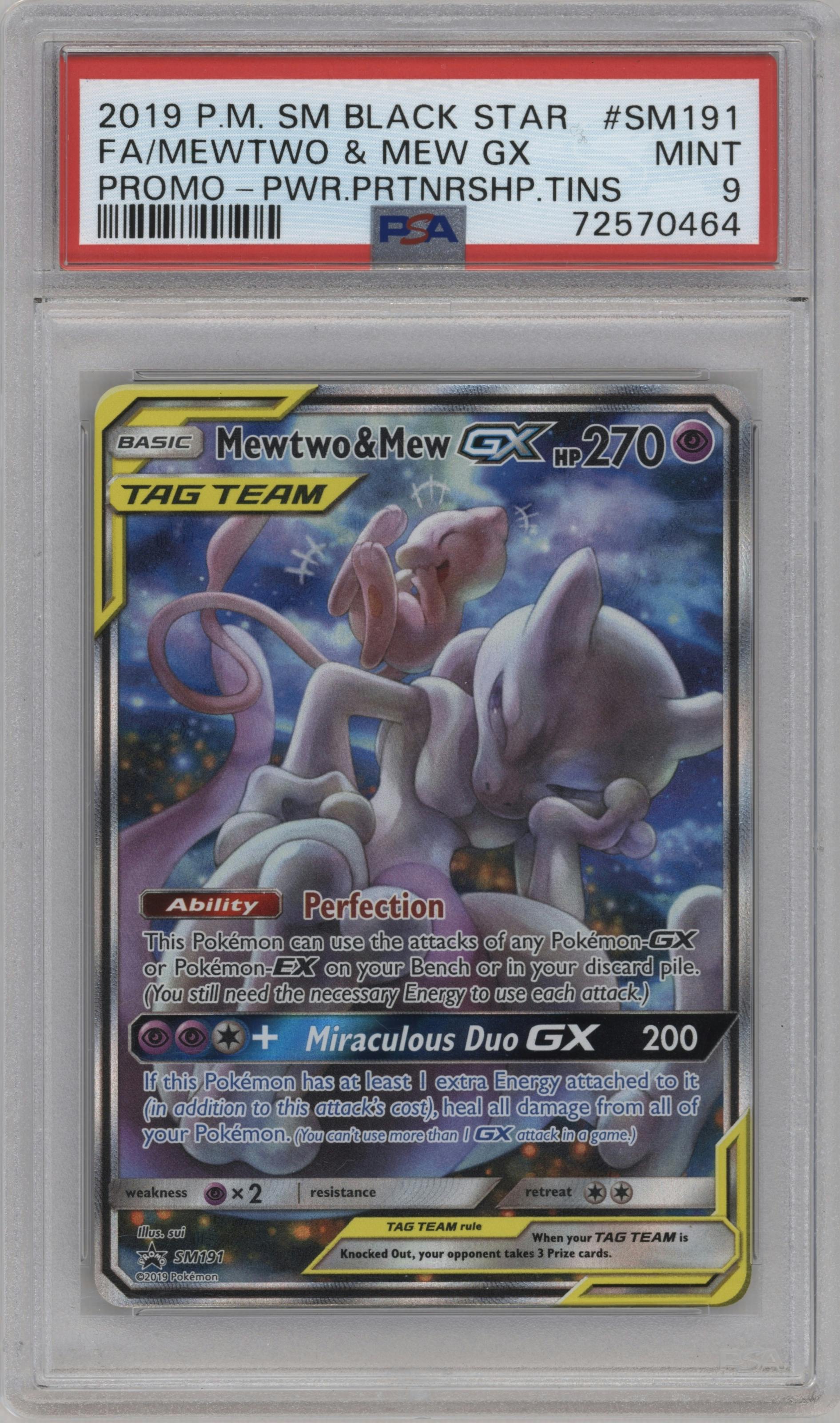Mewtwo & Mew GX from the 2019 Pokemon S&M  set featuring a Power Partnership Tins parallel graded by PSA and given an overall grade of 9.