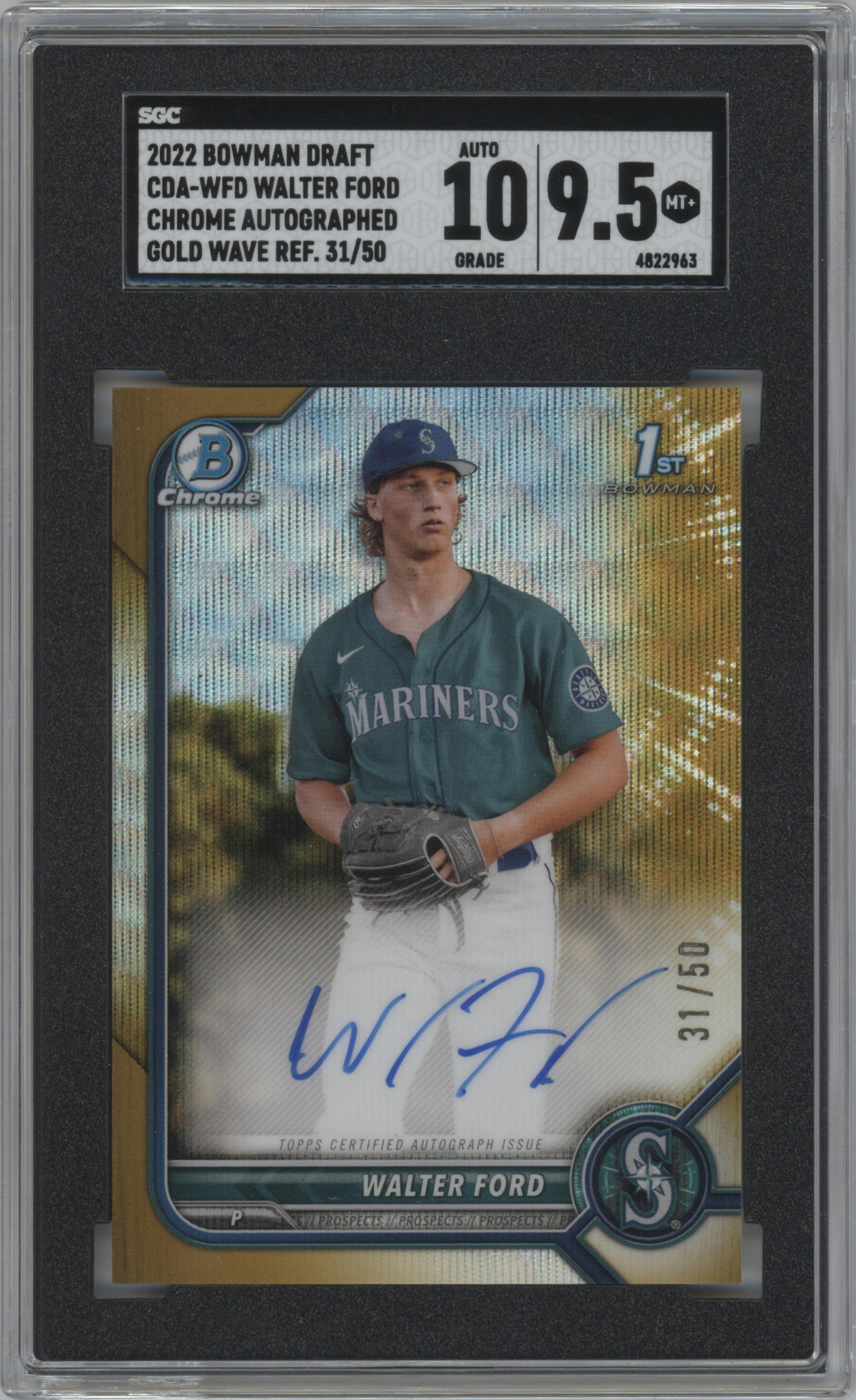 Walter Ford from the 2022 Bowman Draft set featuring a Gold Wave Refractor parallel graded by SGC and given an overall grade of 9.5.