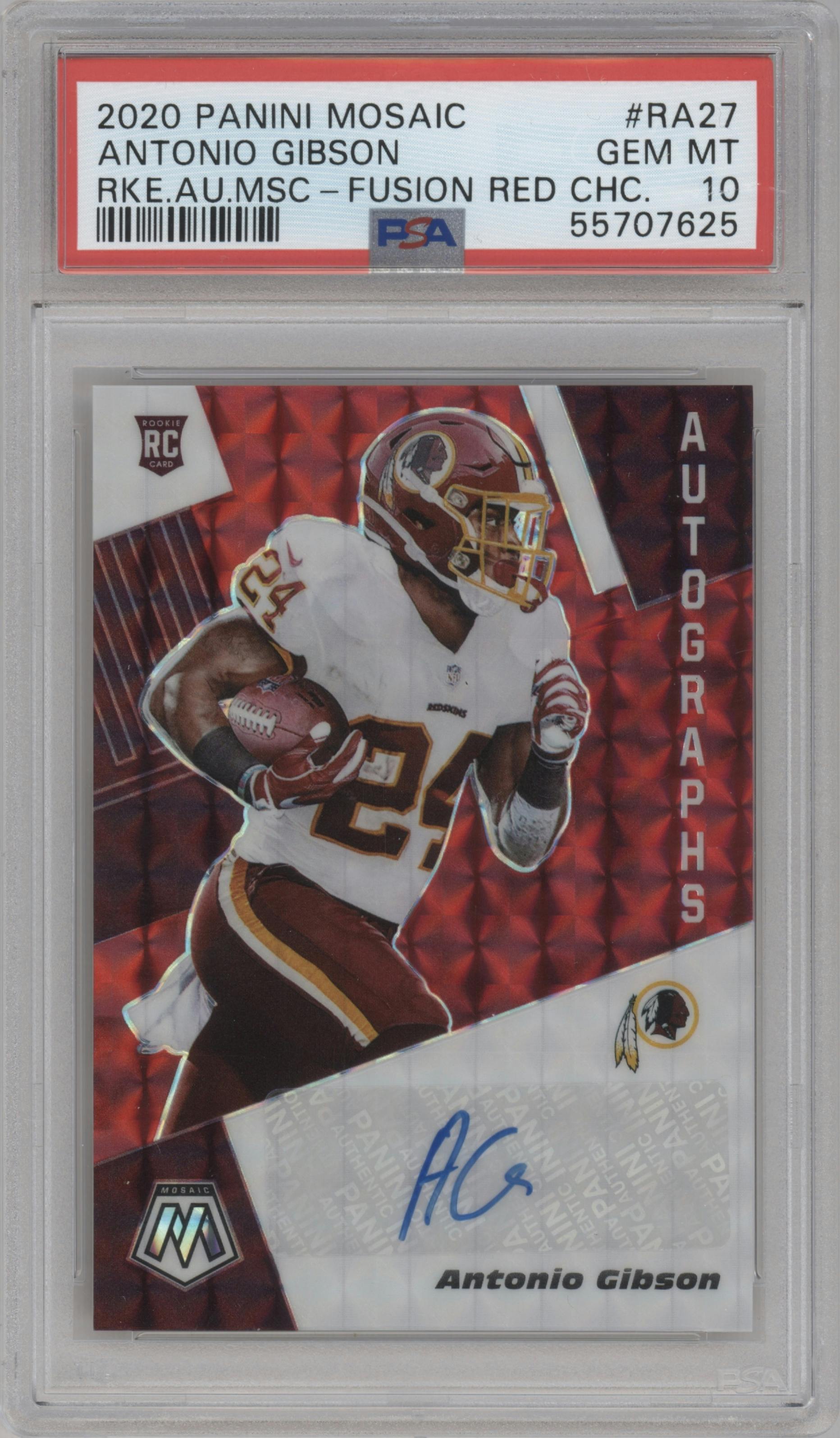 Antonio Gibson from the 2020 Panini Mosaic set featuring a Red Choice Fusion parallel graded by PSA and given an overall grade of 10.