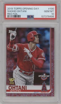 Shohei Ohtani from the 2019 Topps Opening Day set featuring a Red Foil parallel graded by PSA and given an overall grade of 10.