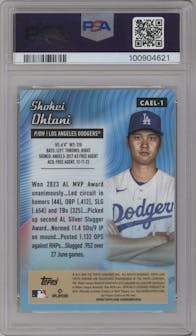 Shohei Ohtani from the 2024 Topps Chrome Logofractor set featuring a Green Refractor parallel graded by PSA and given an overall grade of 9.
