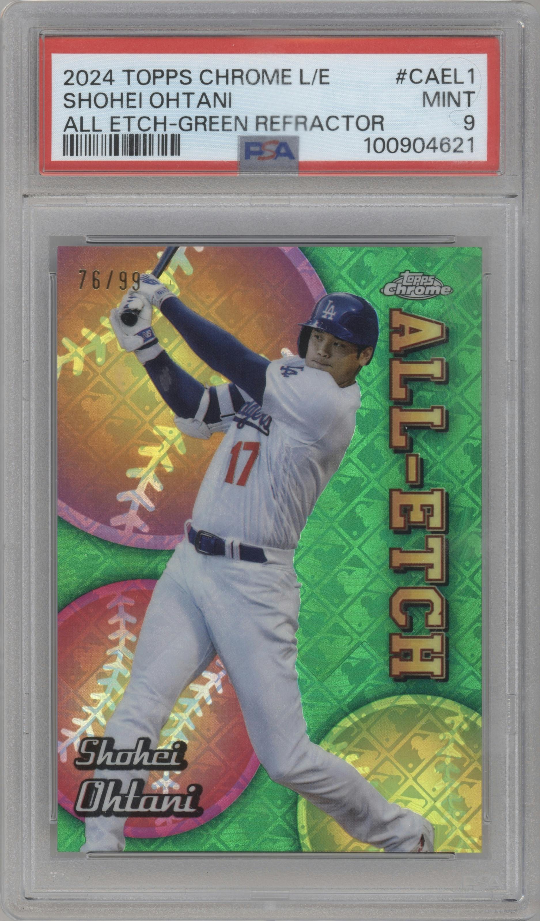 Shohei Ohtani from the 2024 Topps Chrome Logofractor set featuring a Green Refractor parallel graded by PSA and given an overall grade of 9.