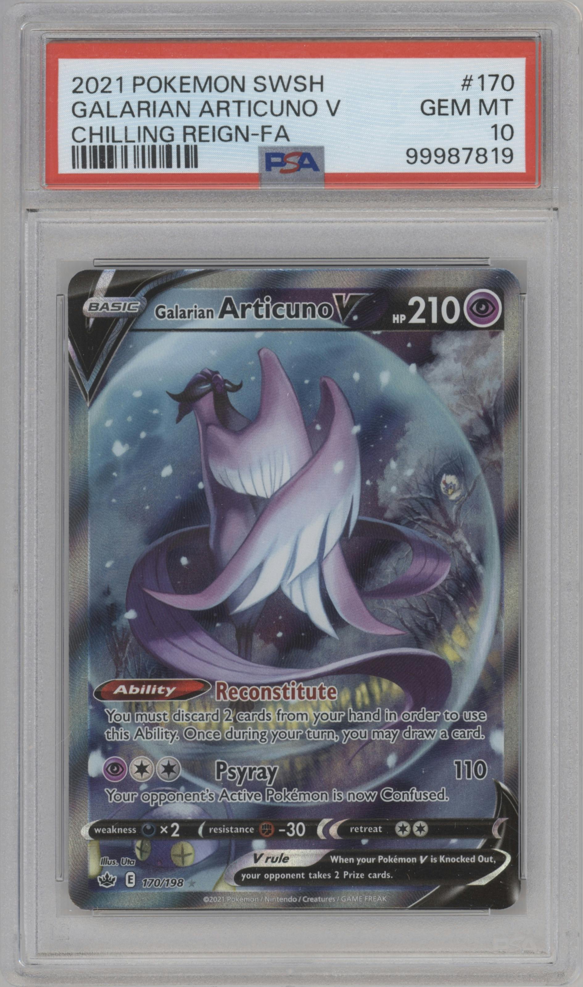 Galarian Articuno V from the 2021 Pokemon SWSH set graded by PSA and given an overall grade of 10.