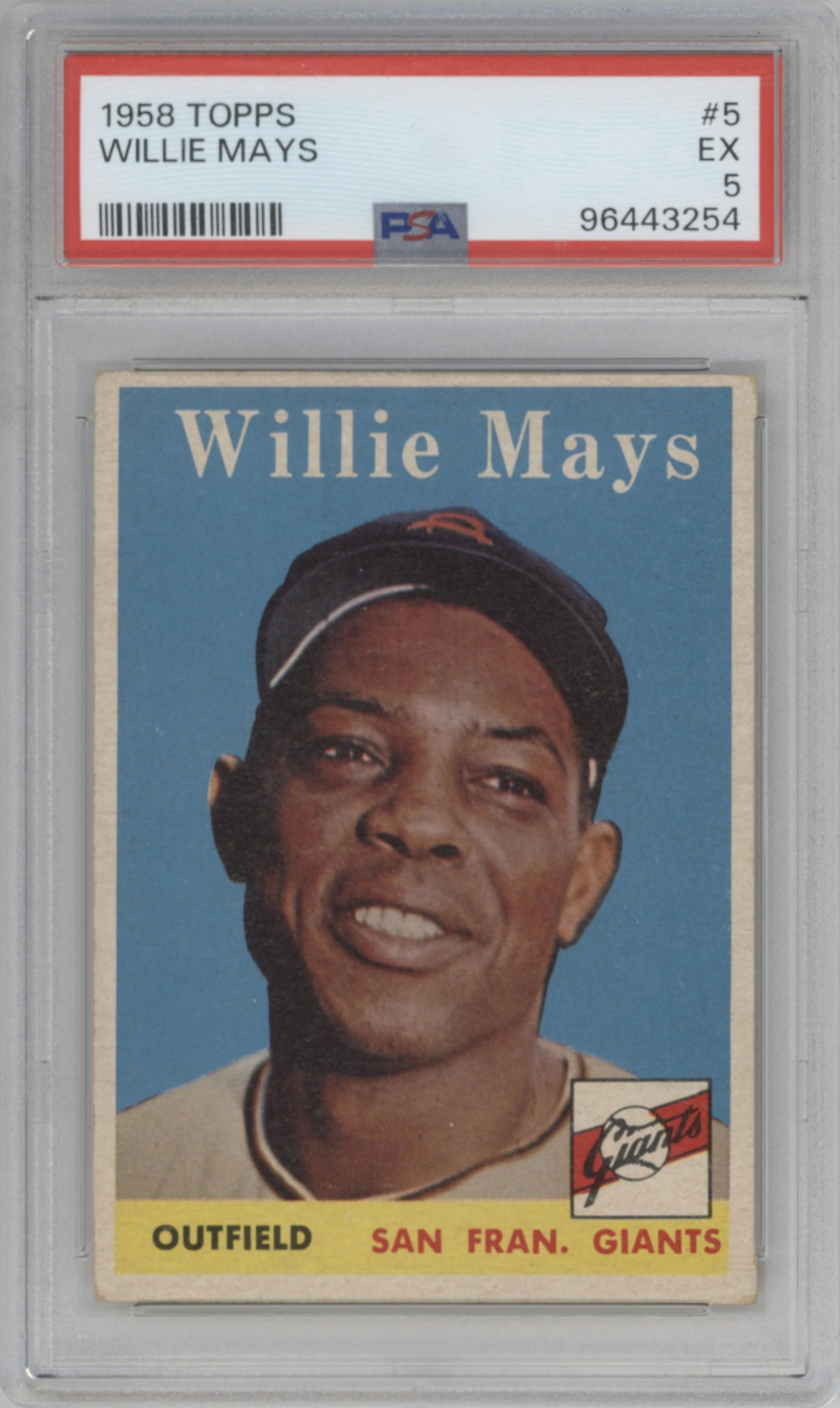 Willie Mays from the 1958 Topps set graded by PSA and given an overall grade of 5.