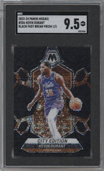 Kevin Durant from the 2023-24 Panini Mosaic set featuring a Fast Break Black parallel graded by SGC and given an overall grade of 9.5.