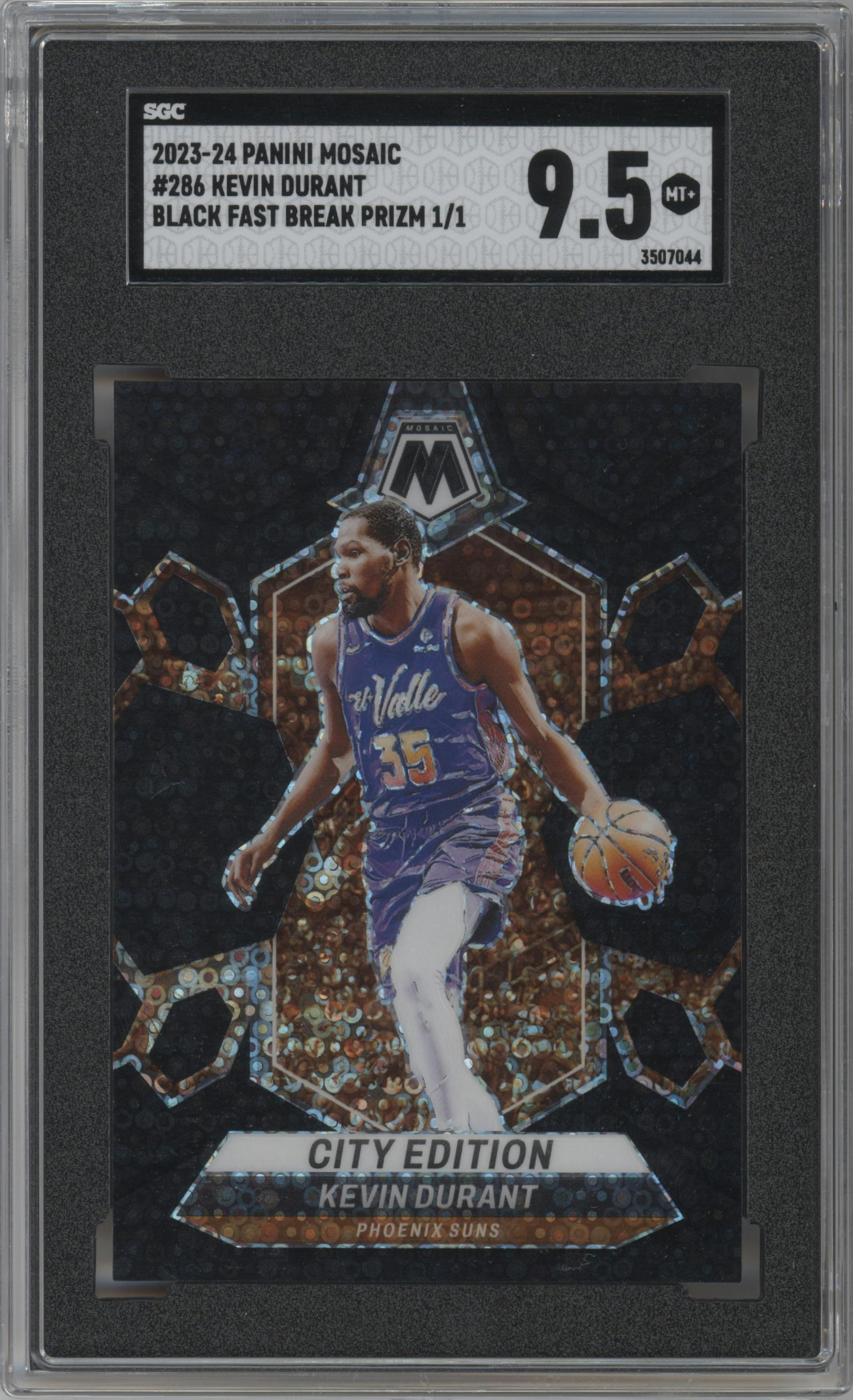 Kevin Durant from the 2023-24 Panini Mosaic set featuring a Fast Break Black parallel graded by SGC and given an overall grade of 9.5.